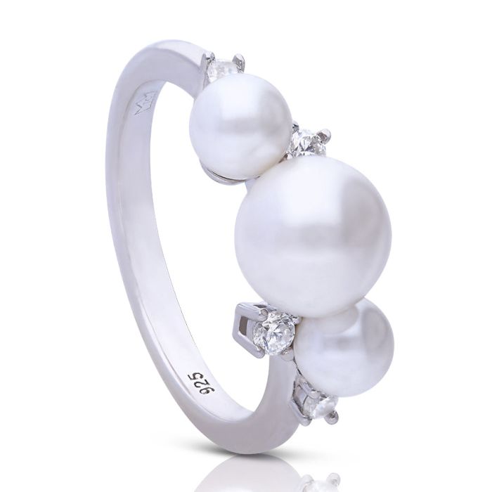 Triple Shell Pearl Ring with Zirconia