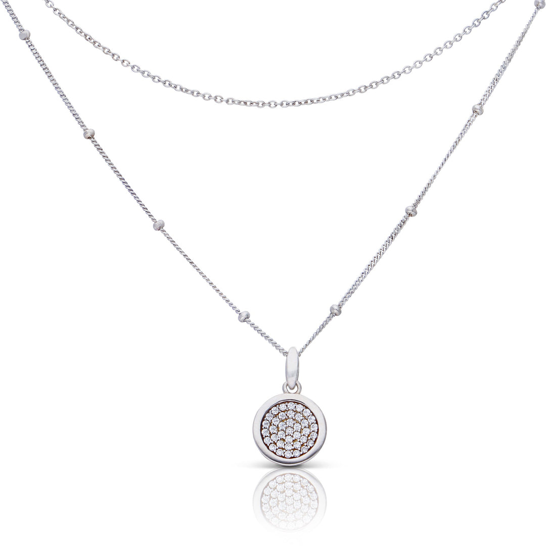 Layered Ball Chain Necklace with Pave Zirconia Pendant