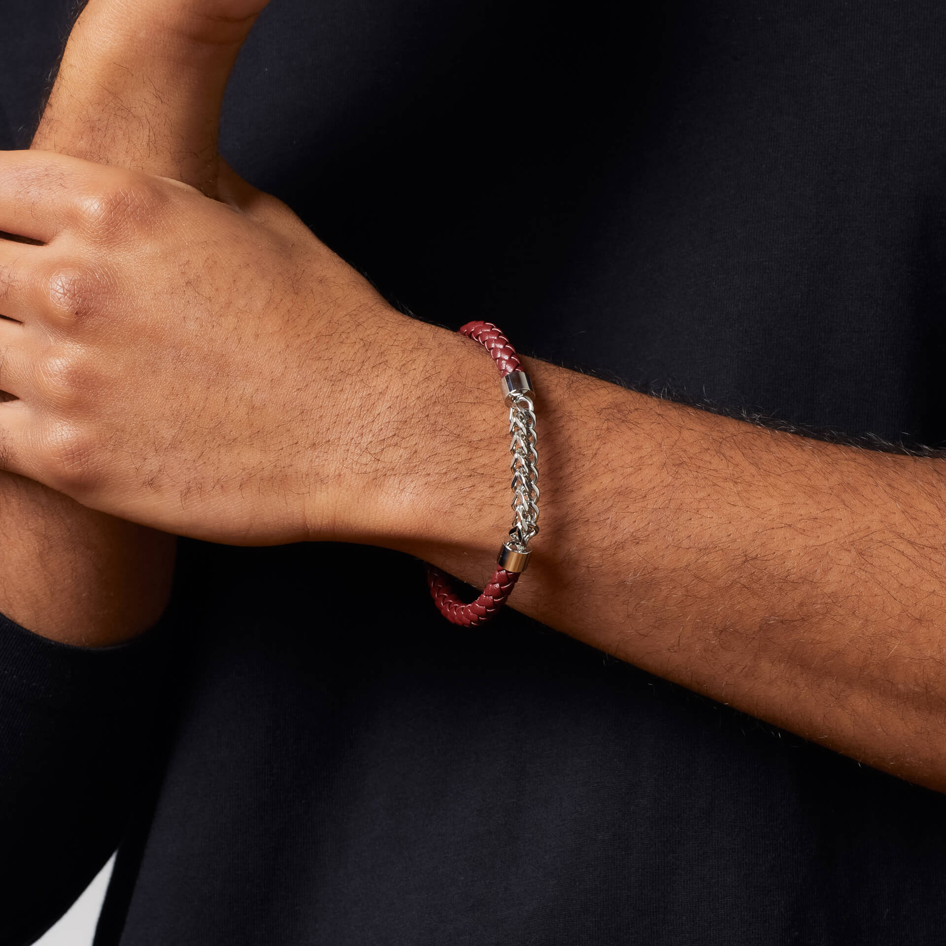Burgundy Leather and Stainless Steel Chain Detail Bracelet