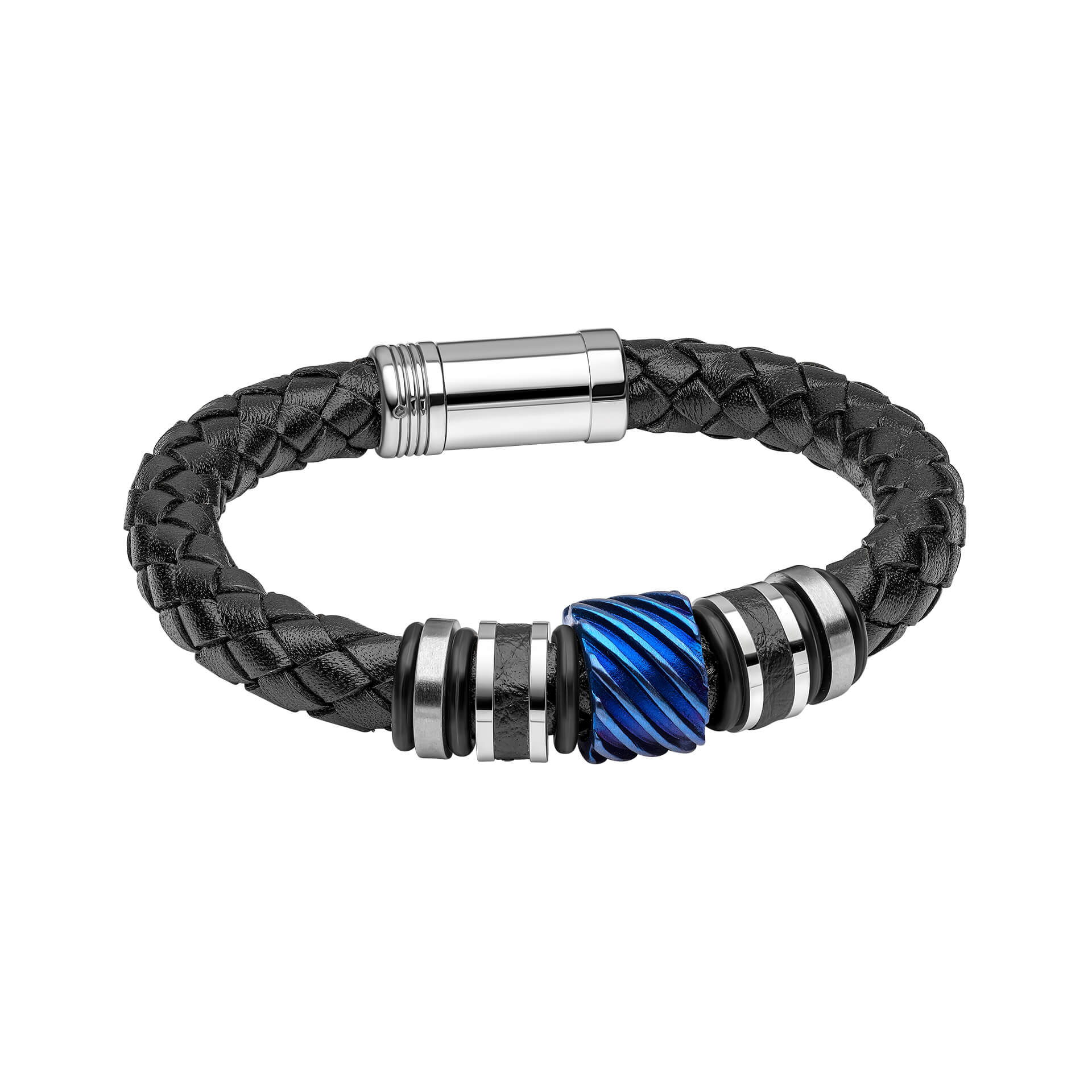Black Leather Bracelet with Blue Steel Accent