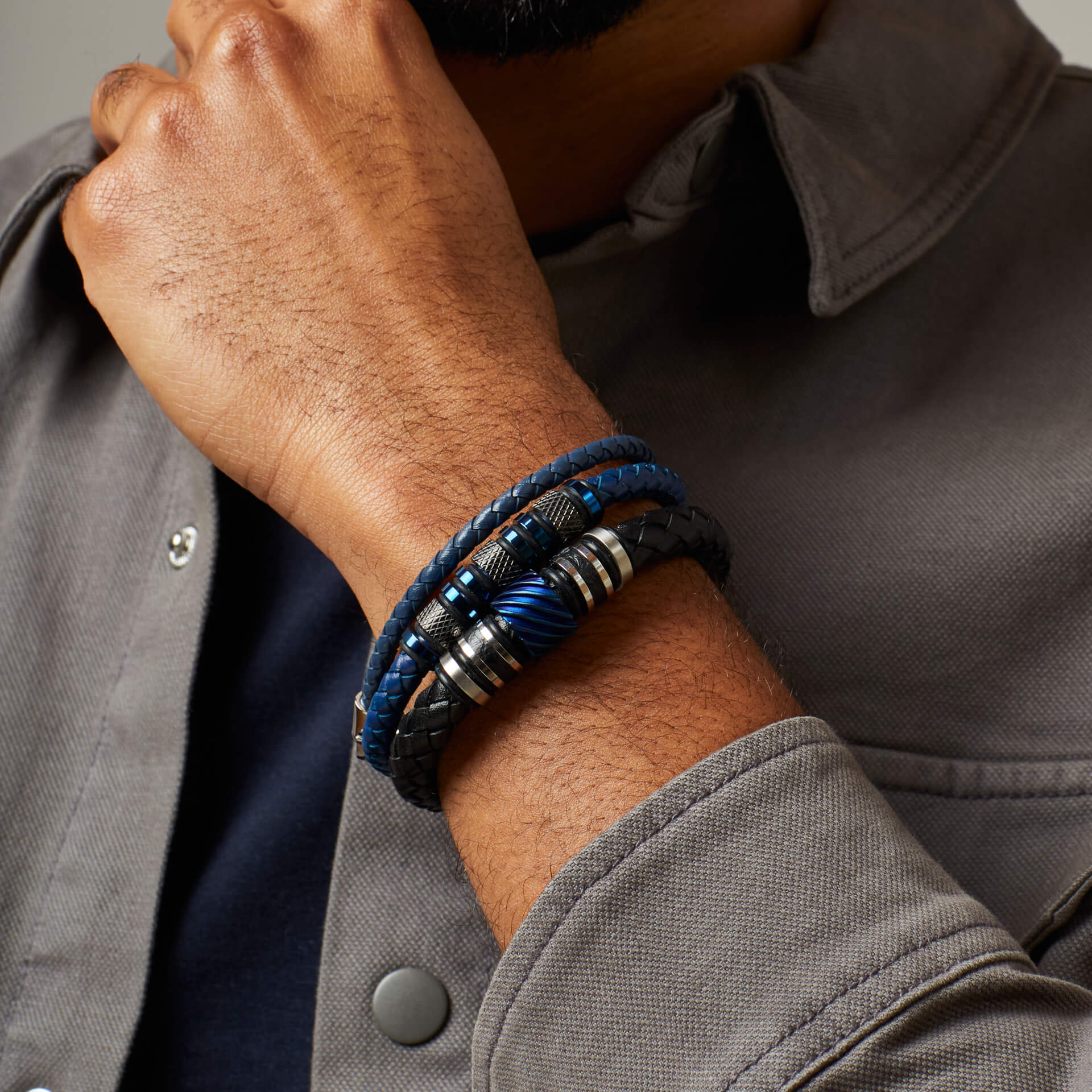 Black Leather Bracelet with Blue Steel Accent