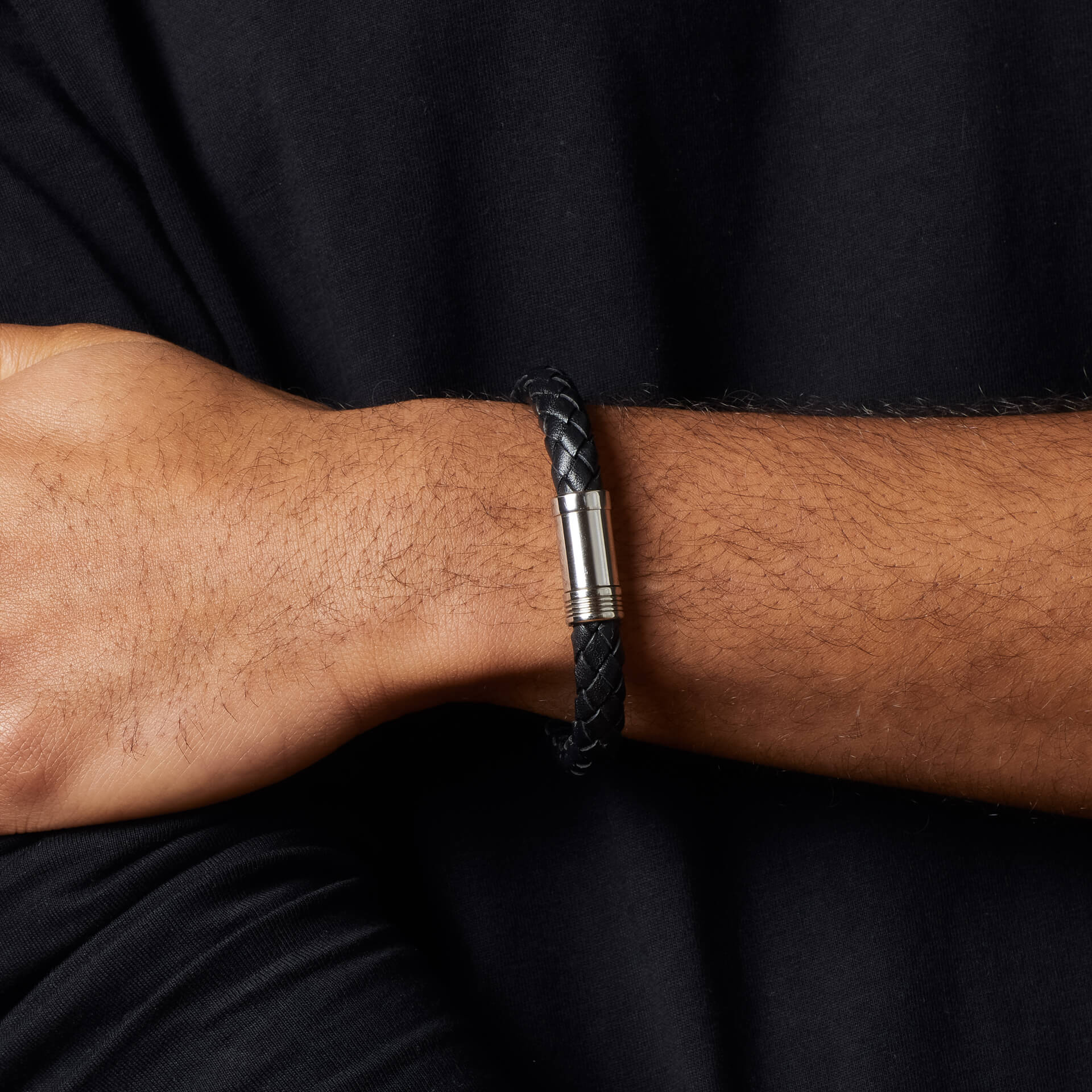 Black Leather Bracelet with Blue Steel Accent