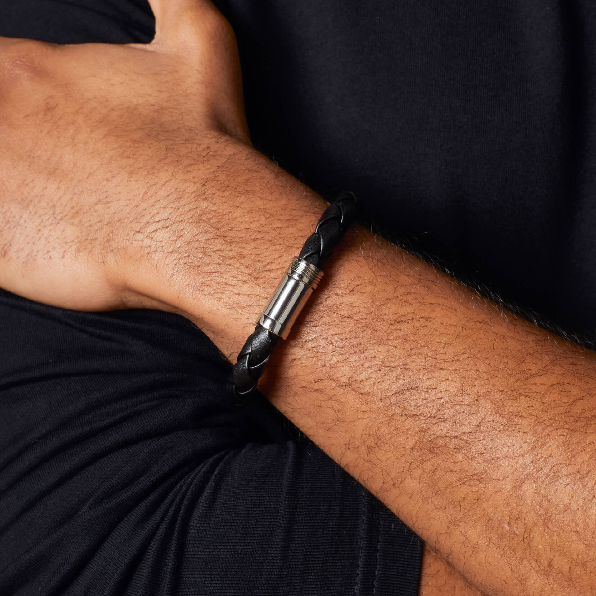 Black Leather and Stainless Steel Centrepiece Bracelet