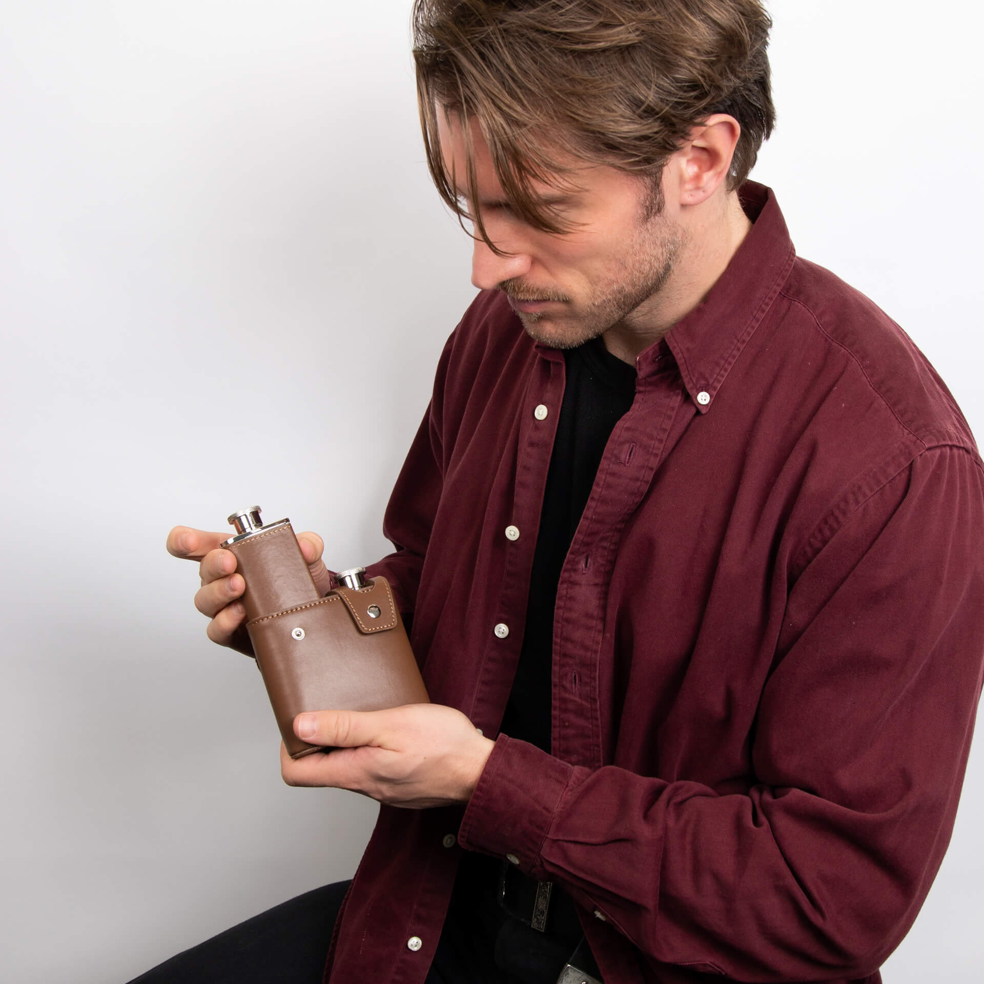 Twin Brown Leather 3oz Hip Flasks with Case
