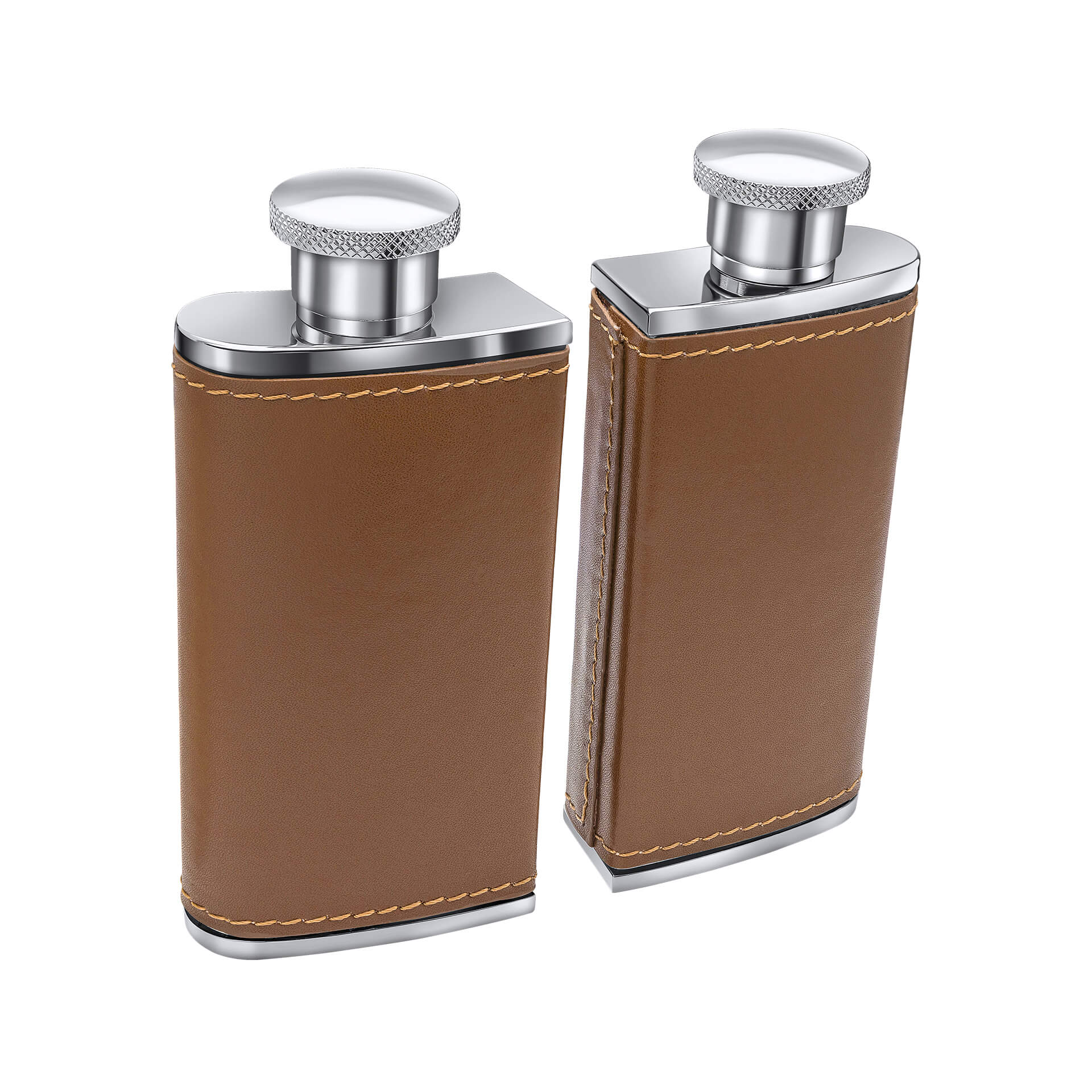 Twin Brown Leather 3oz Hip Flasks with Case