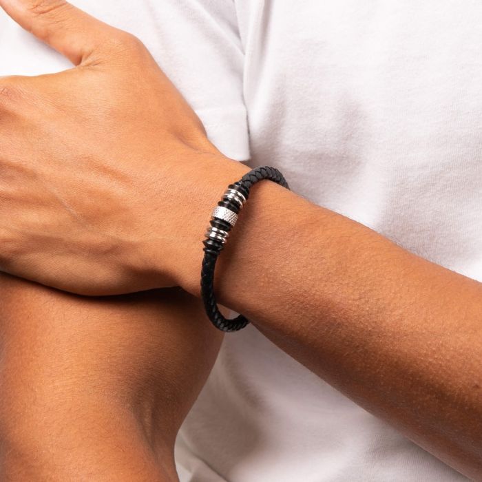 Black Leather Bracelet with Black IP Beads