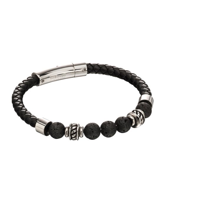 Black Leather Bracelet with Lava Beads