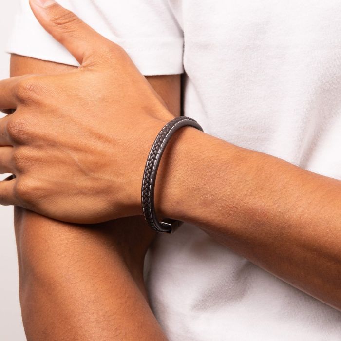Plait Detail Leather Bracelet With Brushed Finish