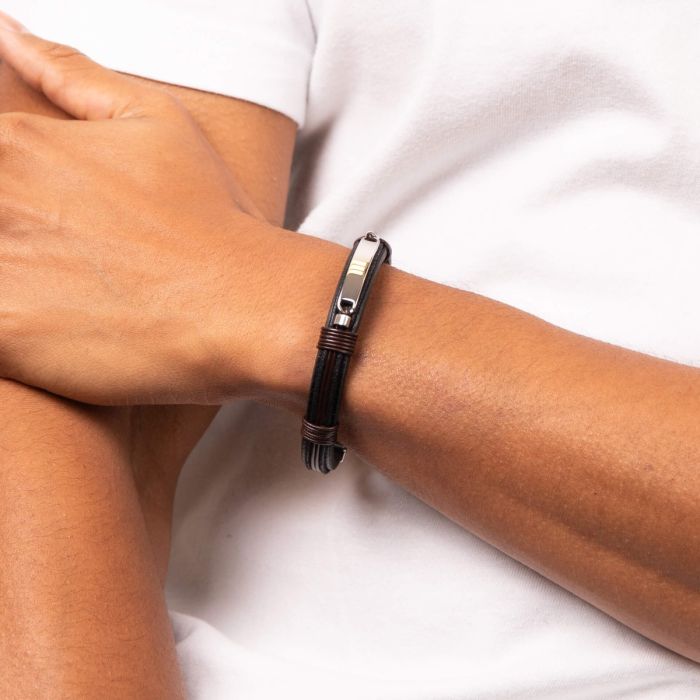ID Bar Black Leather Bracelet with Brown Cord Detail