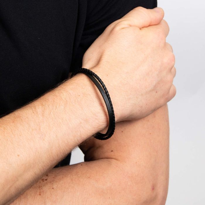Double Row Black Leather Bracelet