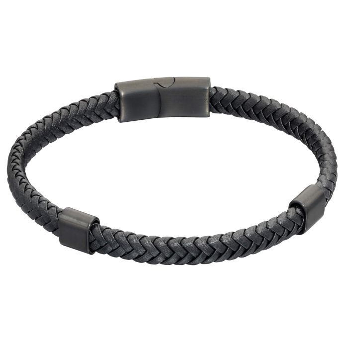 Plaited Black Leather and Black IP Sections Bracelet