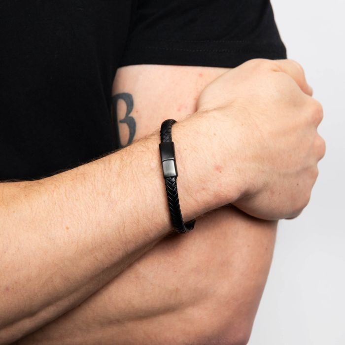 Plaited Black Leather and Black IP Sections Bracelet