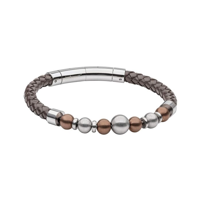Brown Leather Bracelet with Coffee Plated Stainless Steel Beads