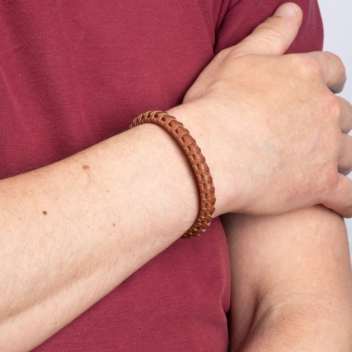 Brown Braided Leather Bracelet with T-Bar Clasp
