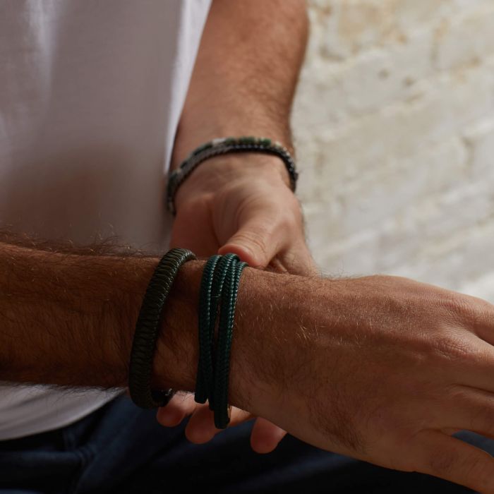 Khaki Braided Leather Bracelet with Black Clasp
