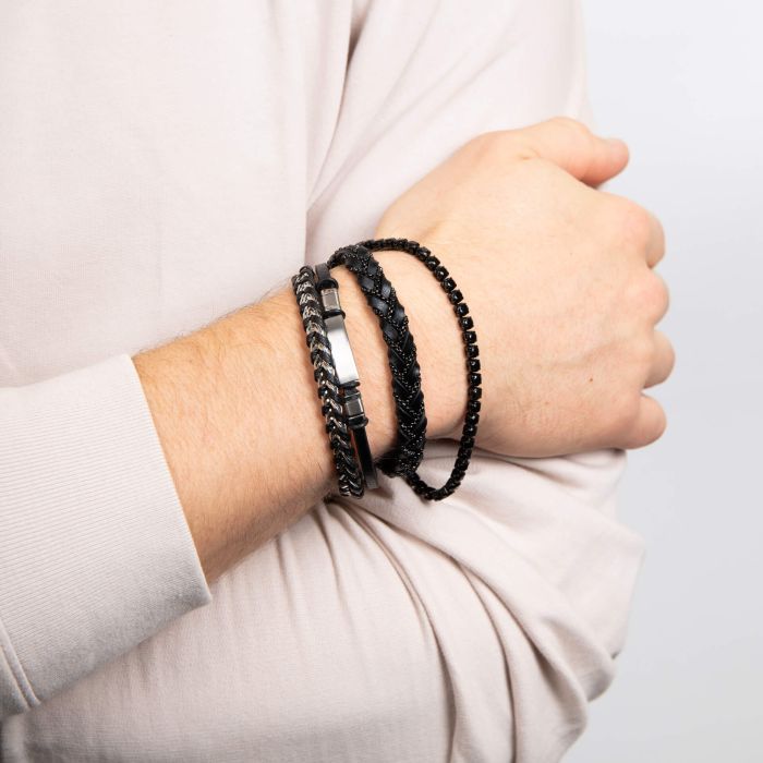 Chain Plait Black Leather Bracelet