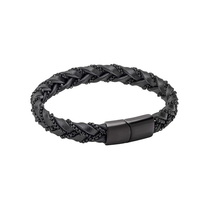 Chain Plait Black Leather Bracelet
