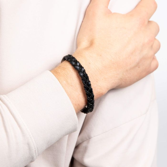 Chain Plait Black Leather Bracelet