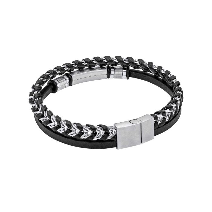 Black Leather and Stainless Steel ID Bar Bracelet