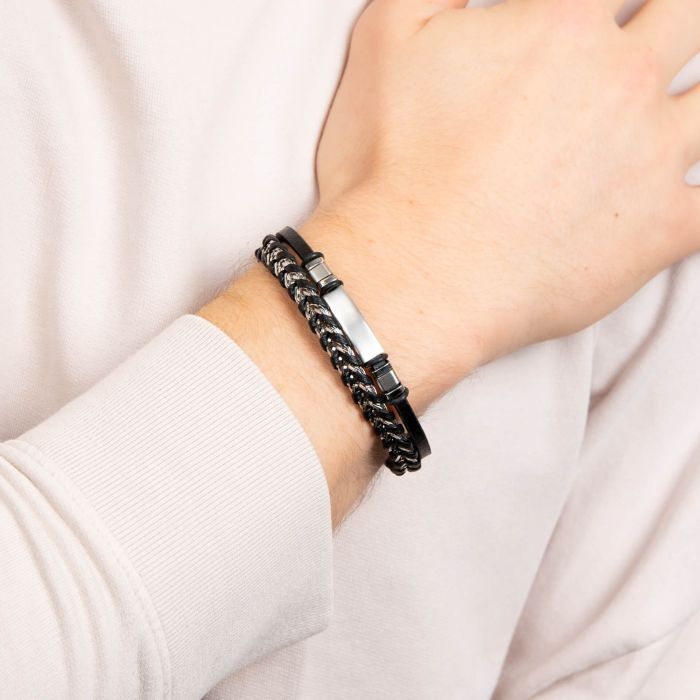Black Leather and Stainless Steel ID Bar Bracelet