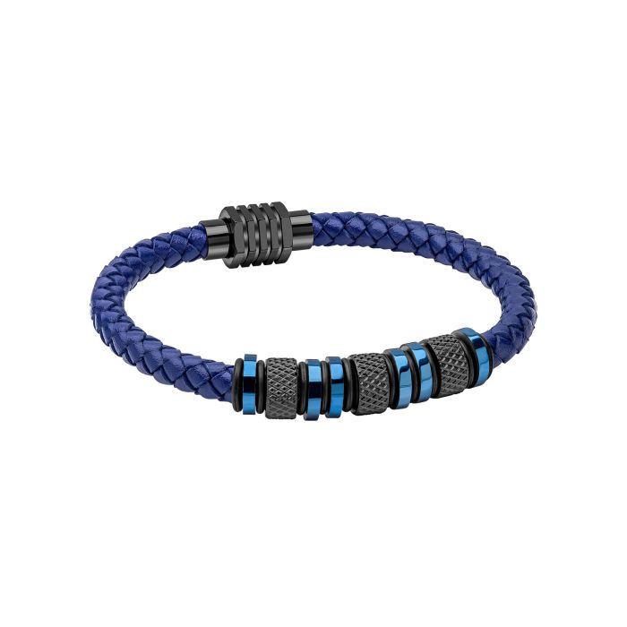 Blue Leather and Stainless Steel Beads Bracelet