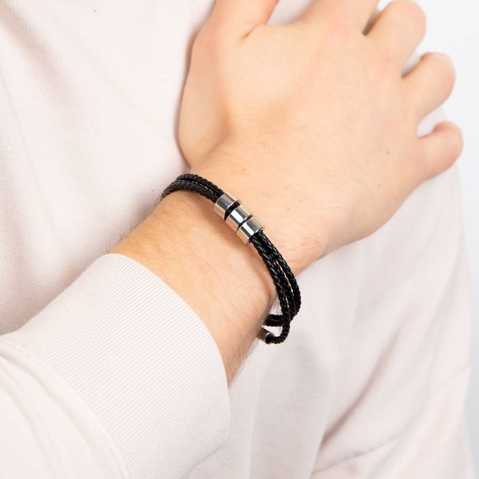 Triple Layer Thin Black Leather Bracelet
