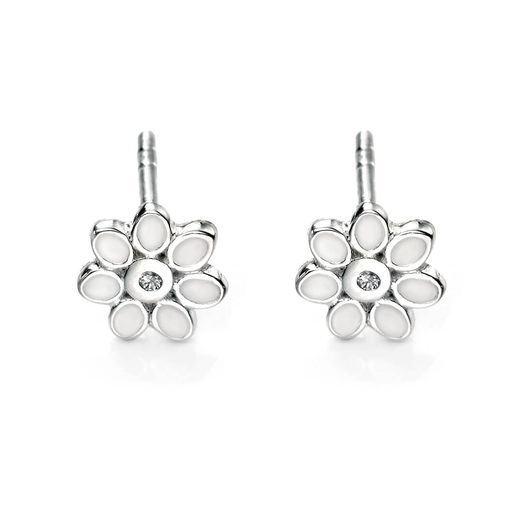 Enamel Daisy Stud Earrings with Diamonds