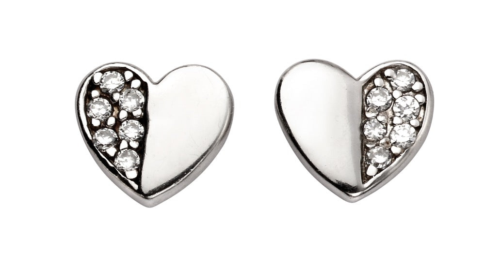Half Pave Cubic Zirconia Heart Stud Earrings