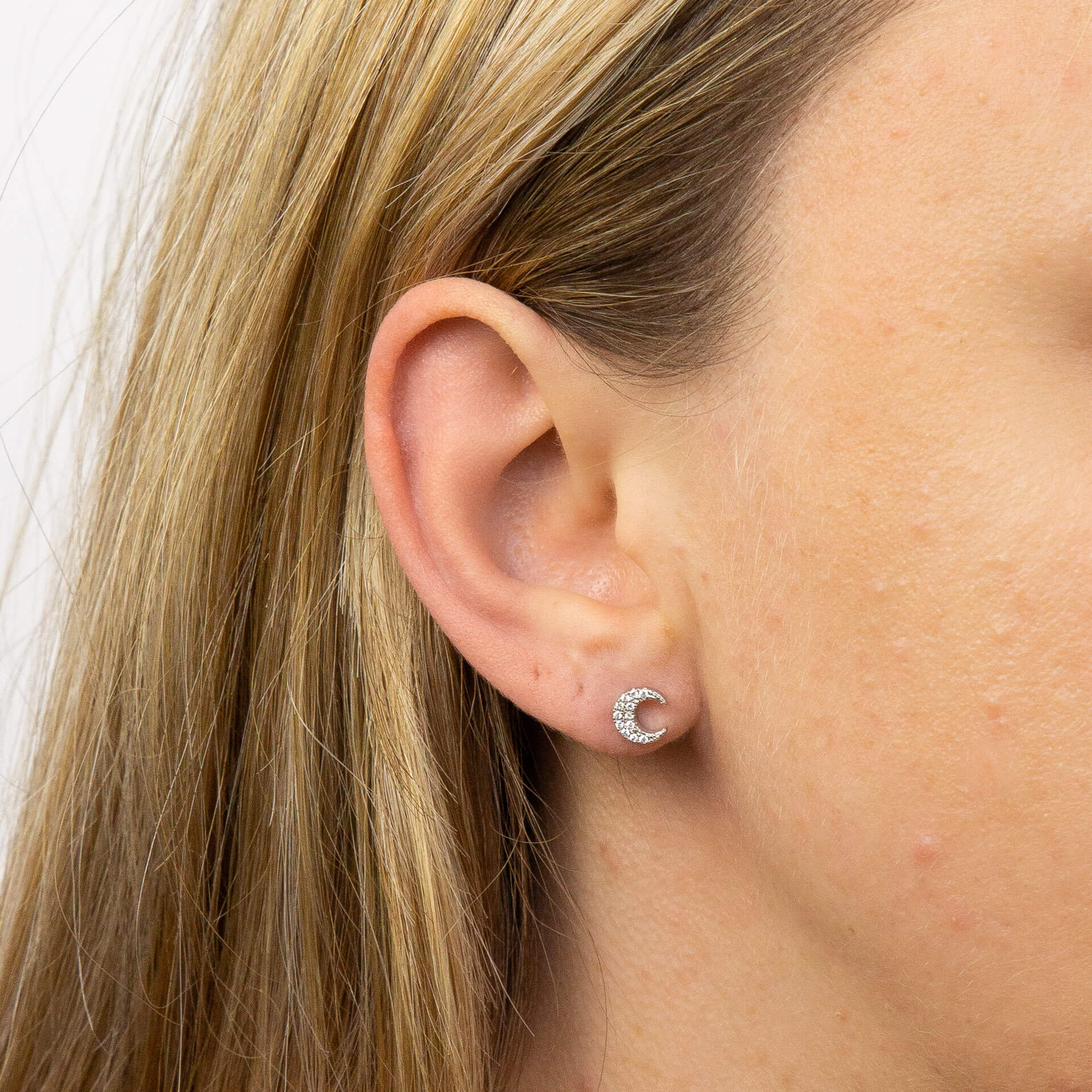 Crescent Moon Stud Earrings with Cubic Zirconia