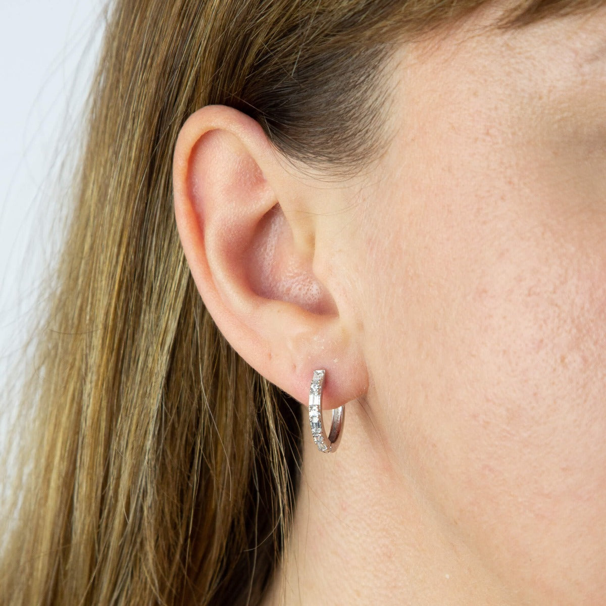 Hinged Hoop Earrings with Baguette and Round Cut Cubic Zirconia 15mm