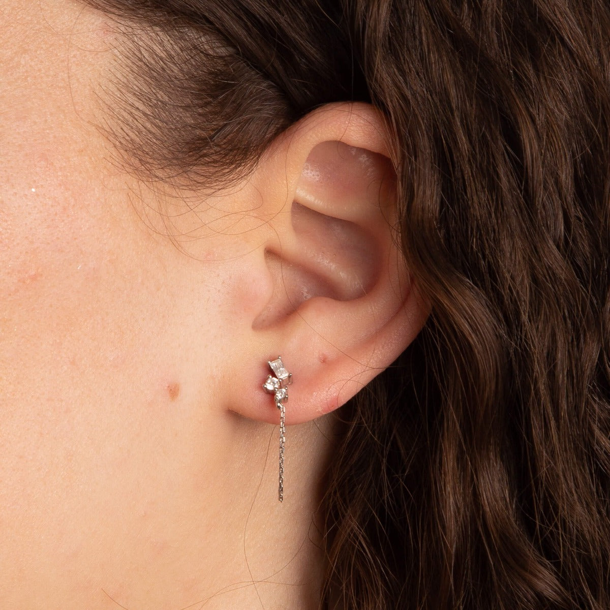 Baguette Zirconia Chain Stud Earrings
