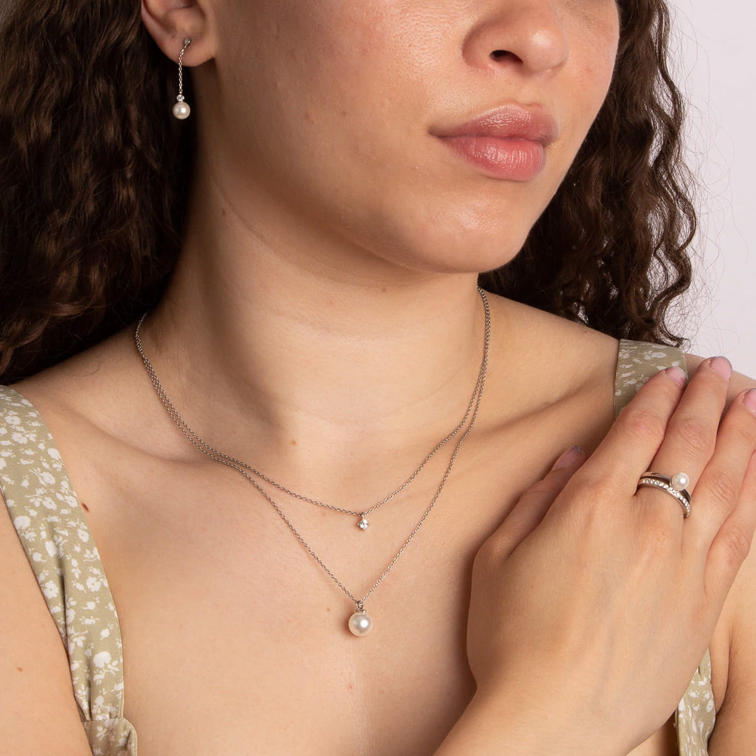 Double Chain Necklace with Shell Pearl and Zirconia