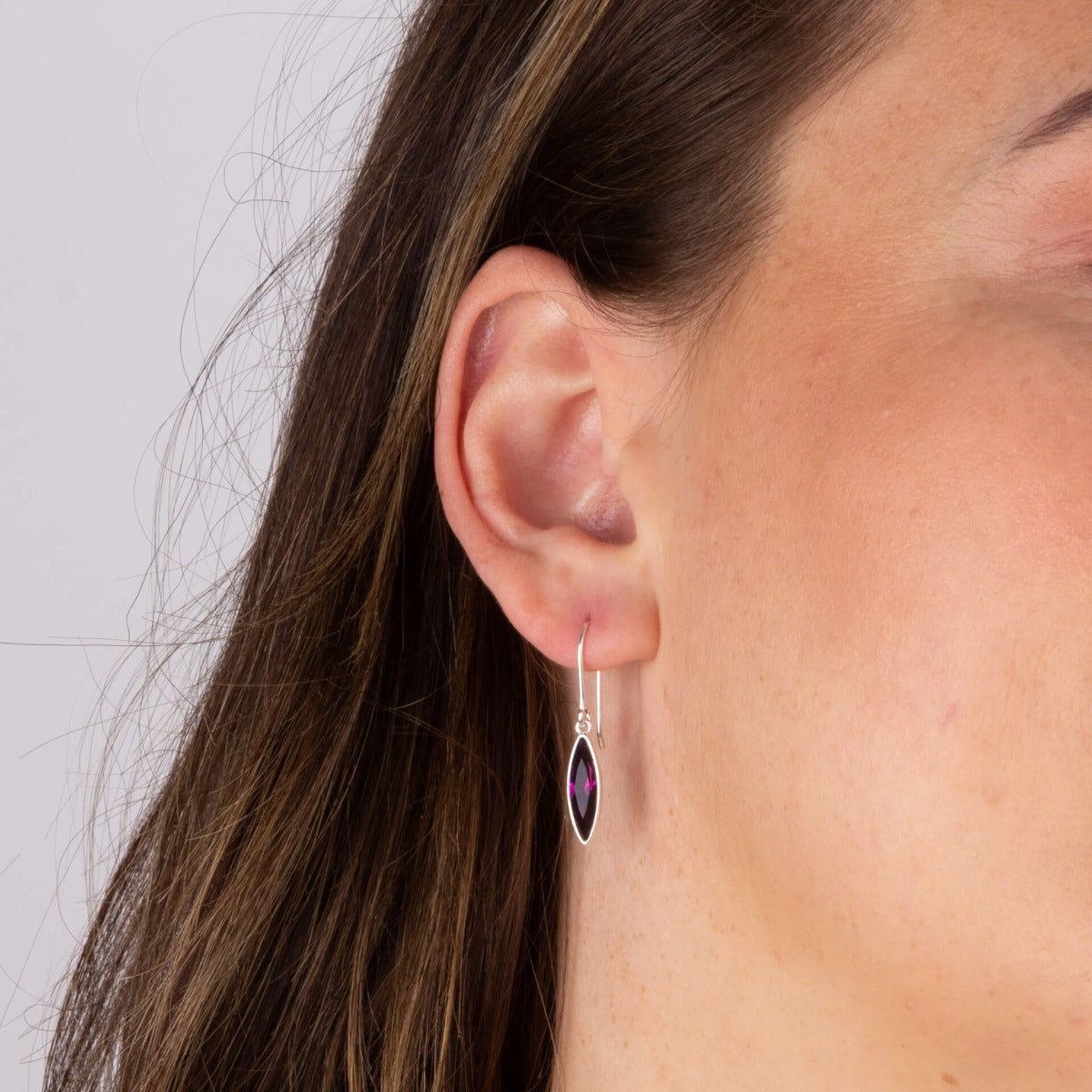 Slim Navette Drop Earrings with Amethyst Crystal