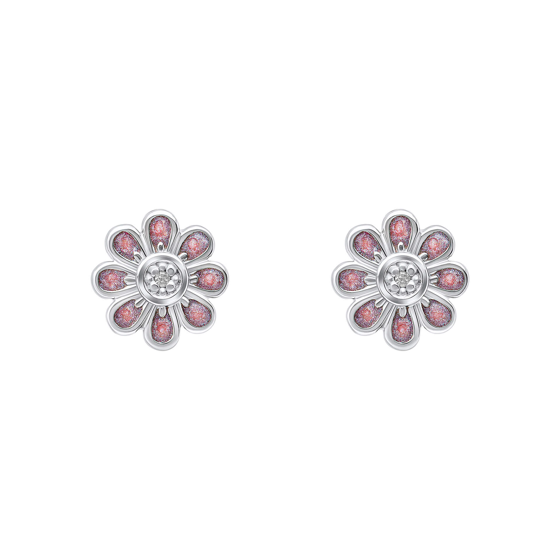 Pink Flower Stud Earrings with Diamond