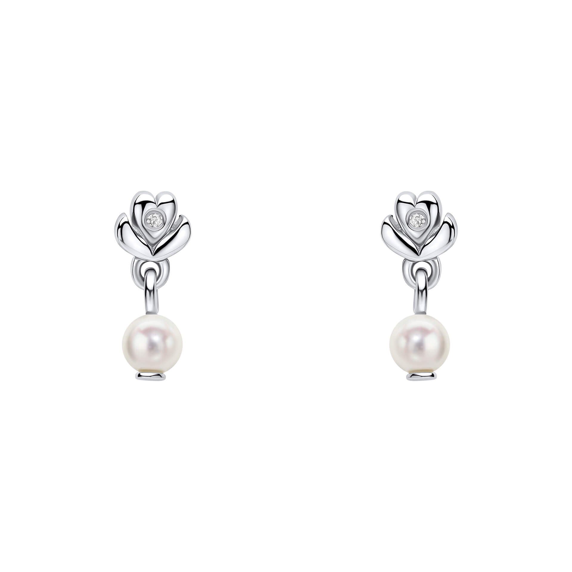 Flower Stud Earrings with Freshwater Pearl Drop and Diamond