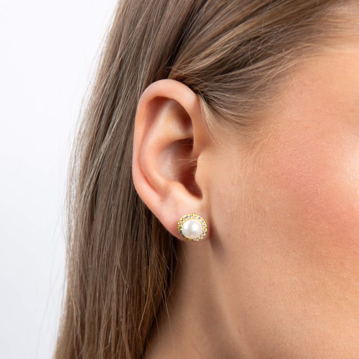 Shell Pearl and Zirconia Halo Stud Earrings