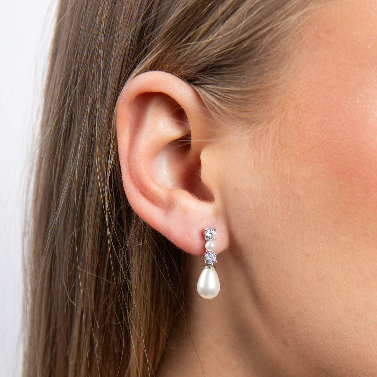 Alternating Shell Pearl and Zirconia Drop Earrings