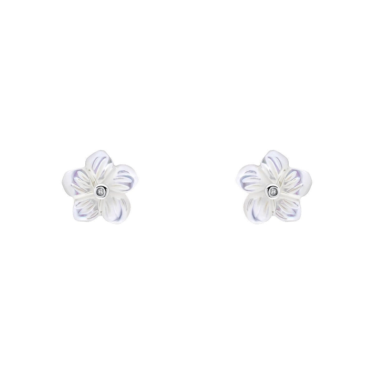 Carved Mother of Pearl Flower Stud Earrings with Diamond