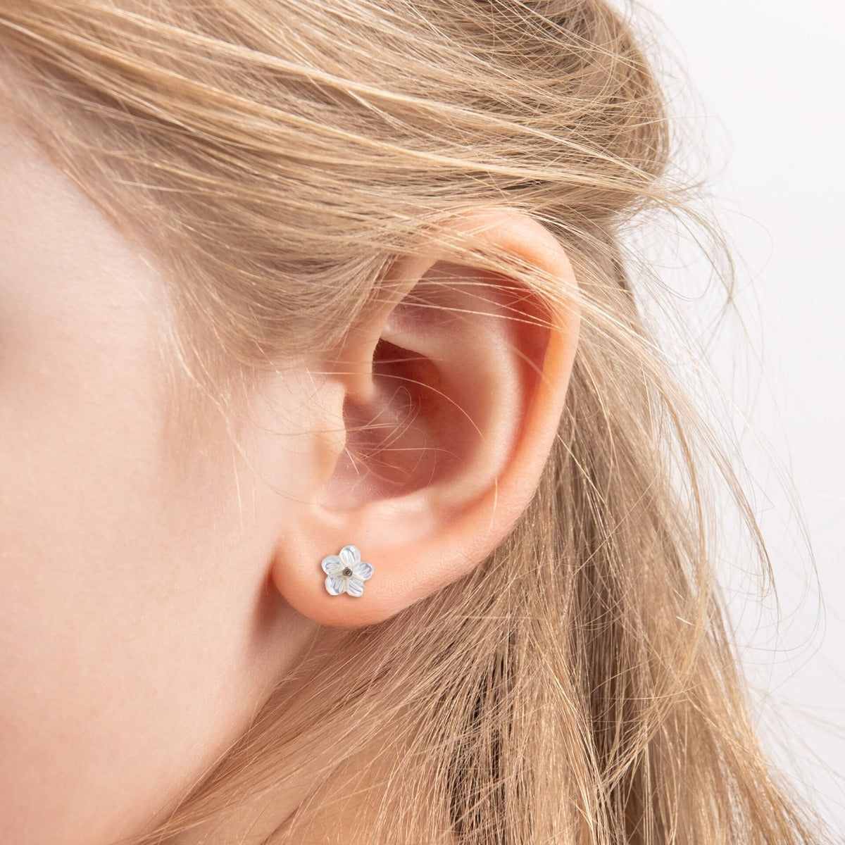 Carved Mother of Pearl Flower Stud Earrings with Diamond