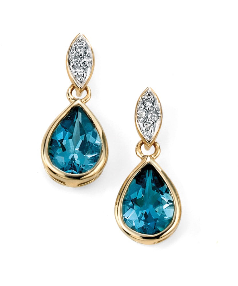 Teardrop Blue Topaz Earrings with Diamond