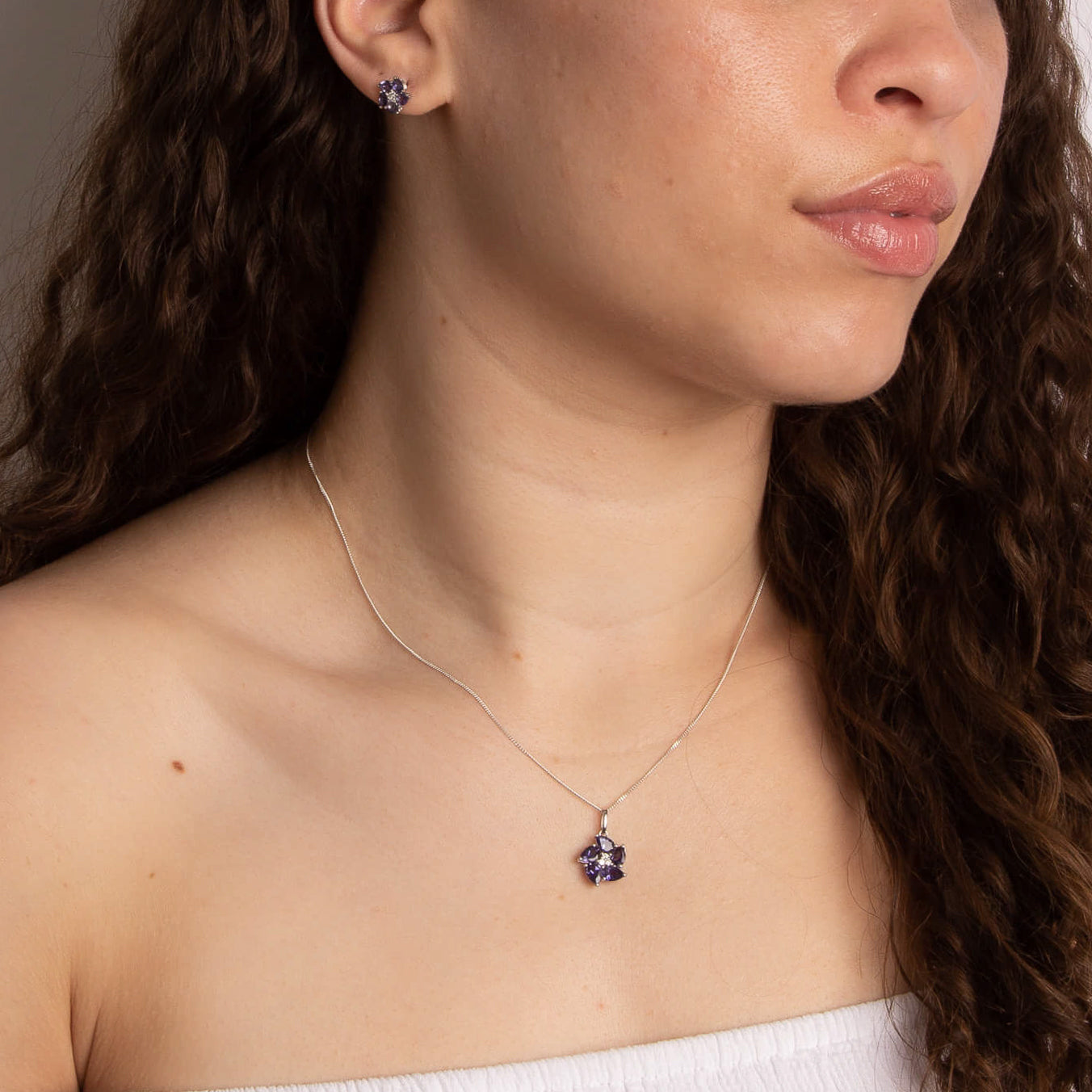 Peony Flower Pendant with Iolite and Diamond