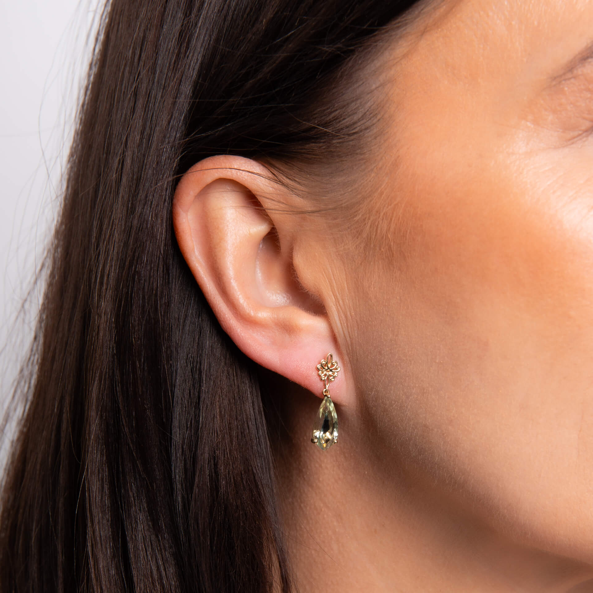Fancy Cut Green Quartz Drop Earrings with Swirl Detail