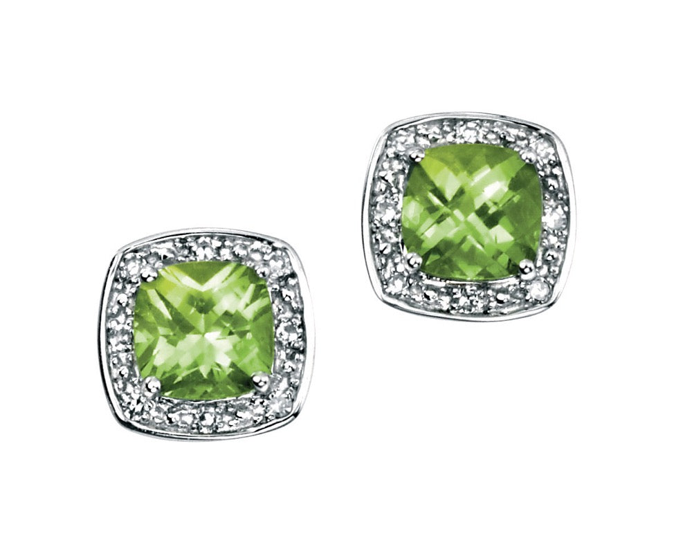 Cushion Cut Peridot Earrings with Diamond Surround