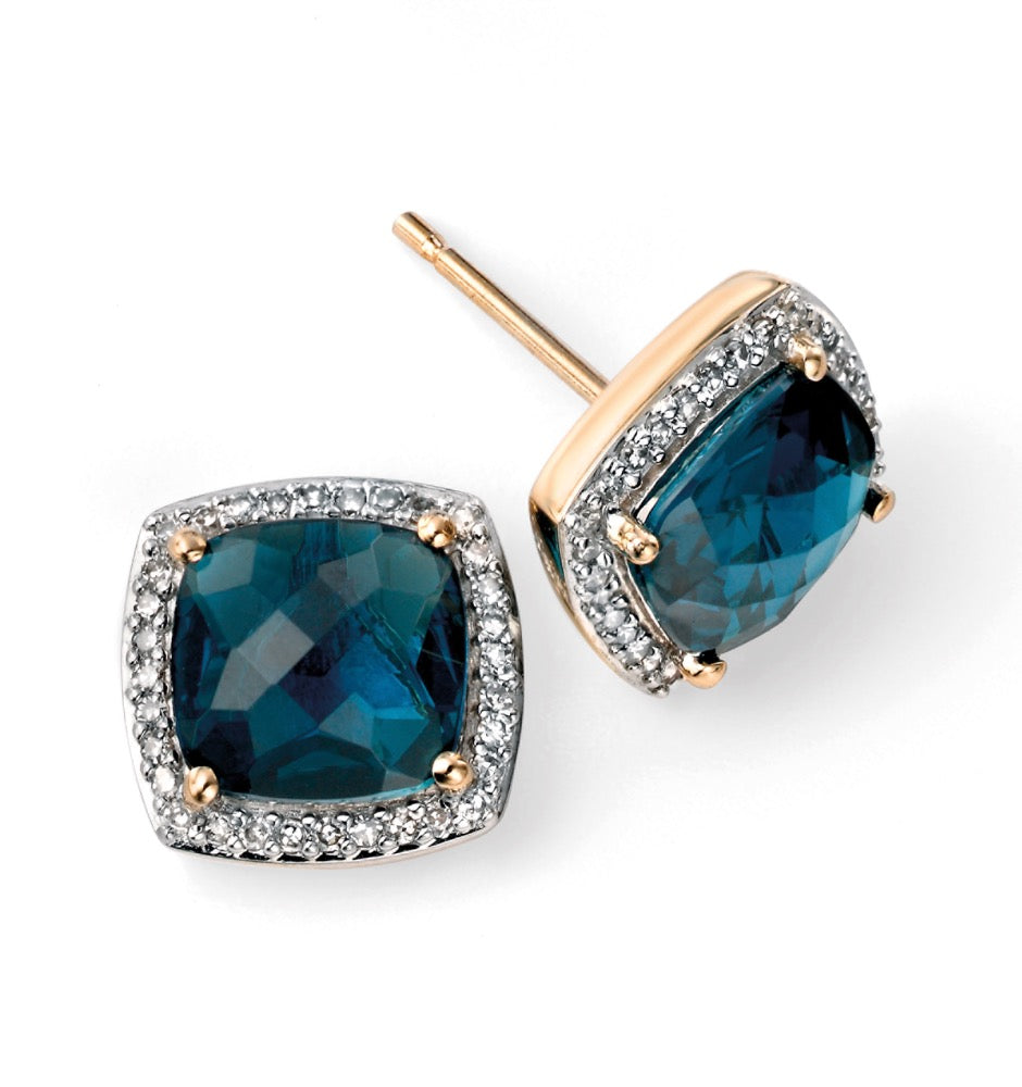 Checkerboard London Blue Topaz Earrings with Diamond