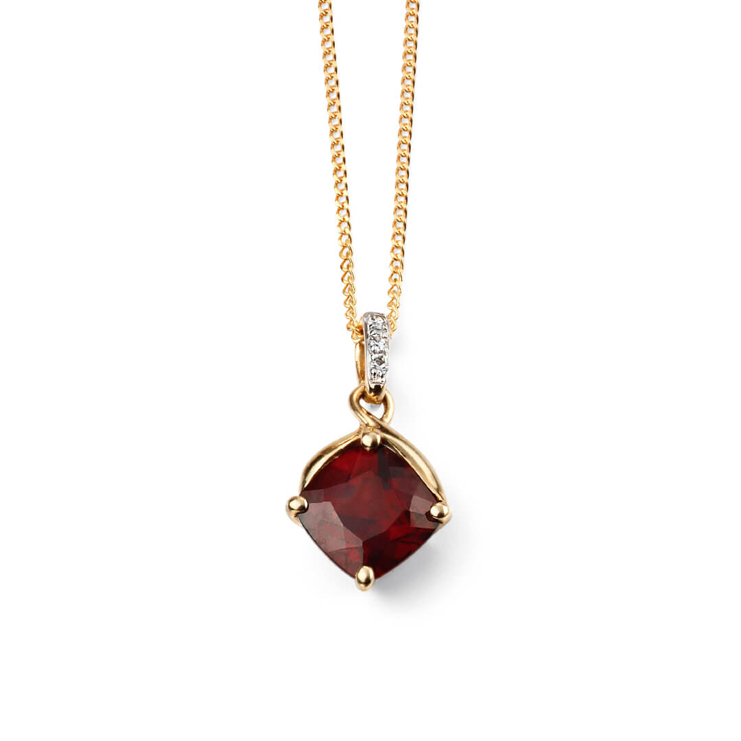 Square Garnet Drop Pendant with Diamond Set Bale