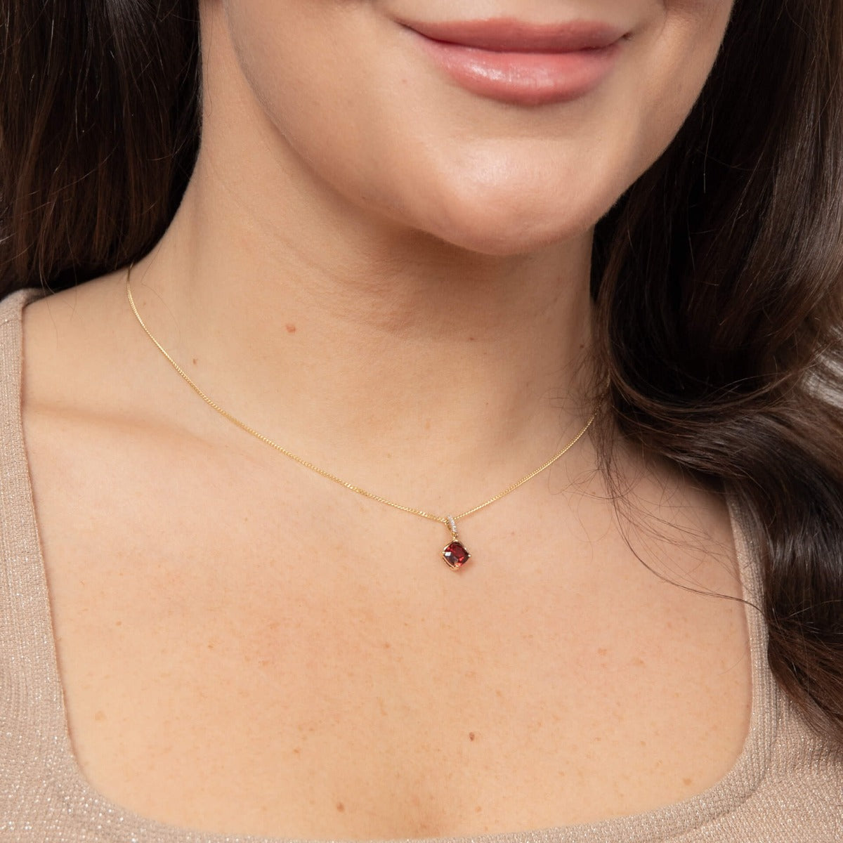 Square Garnet Drop Pendant with Diamond Set Bale