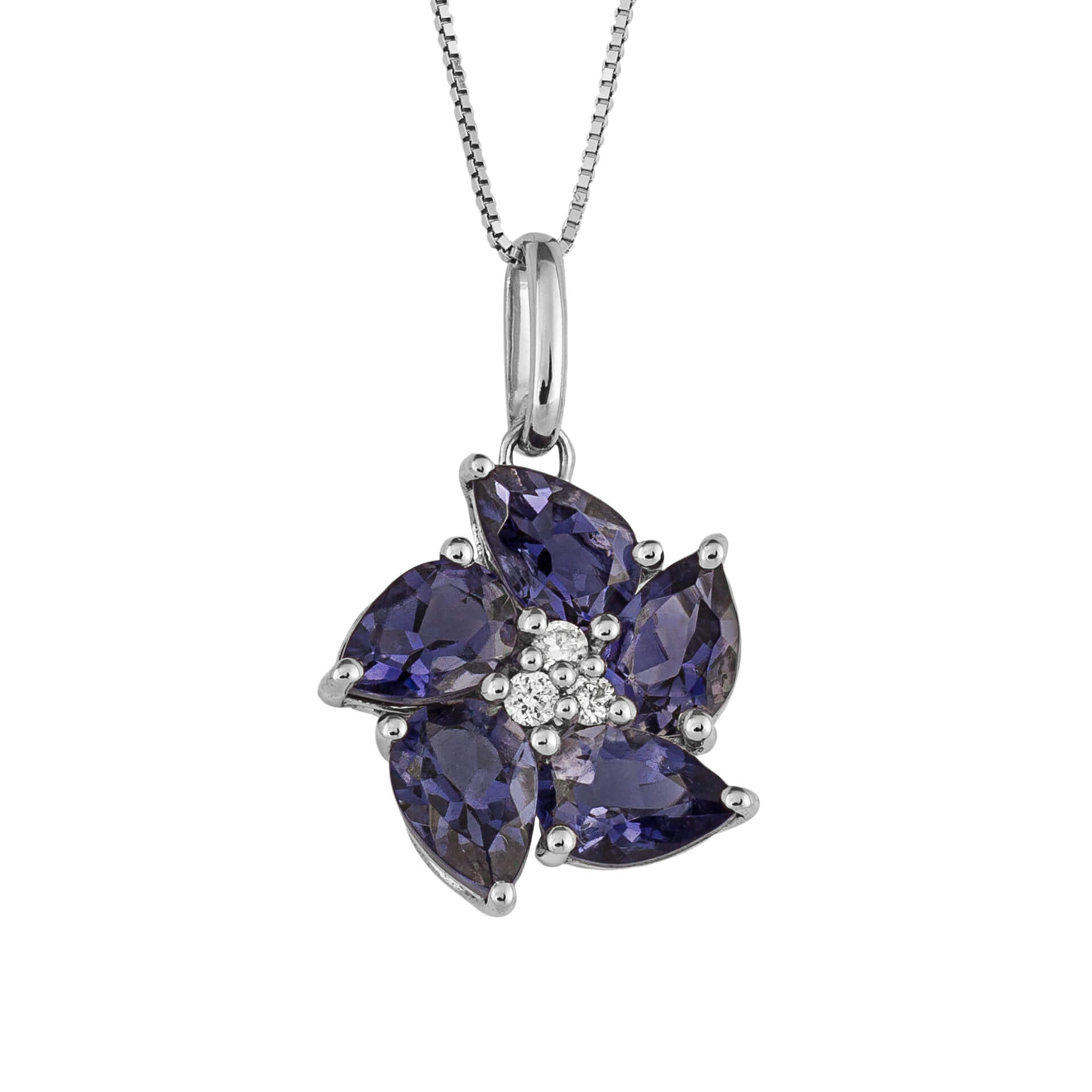 Peony Flower Pendant with Iolite and Diamond