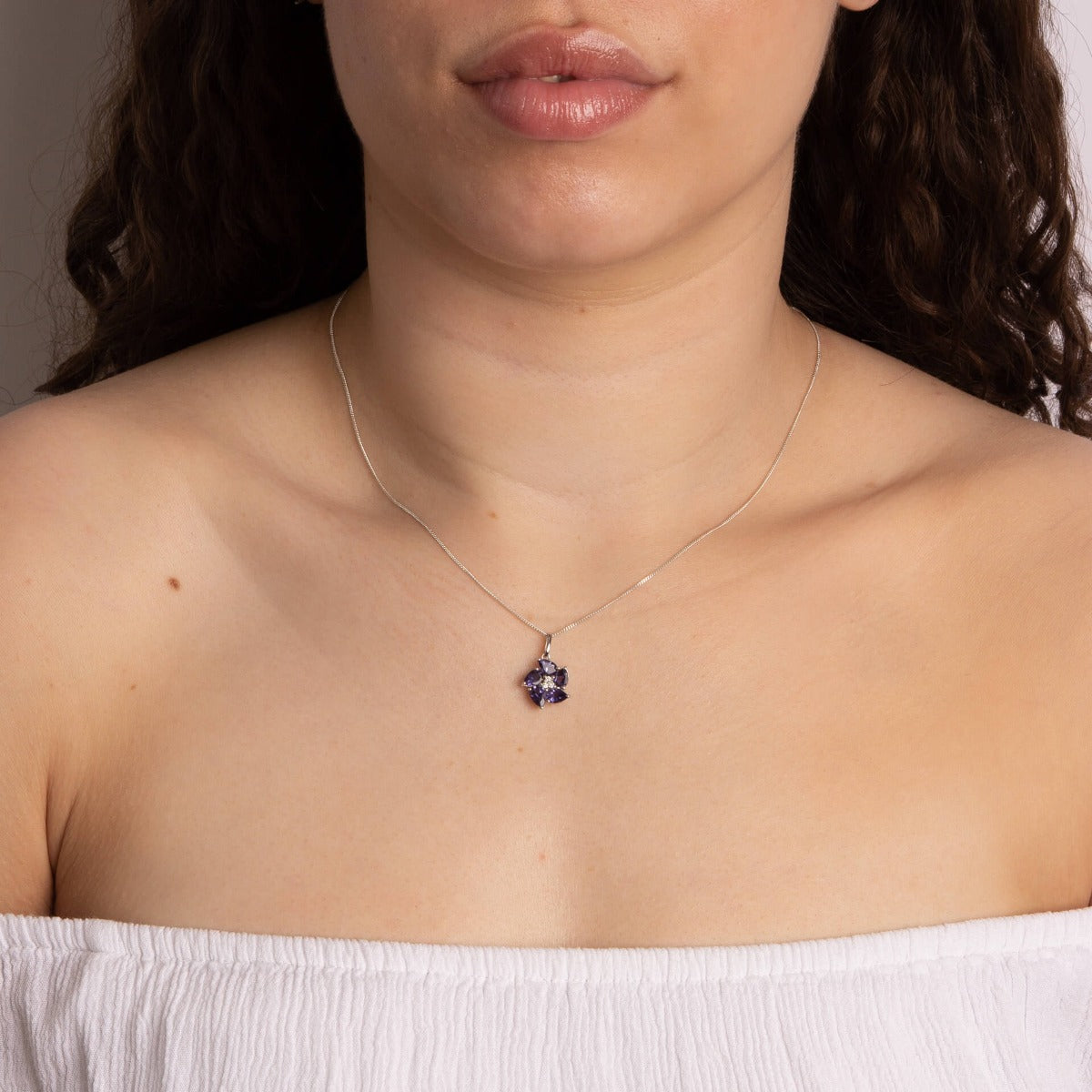 Peony Flower Pendant with Iolite and Diamond