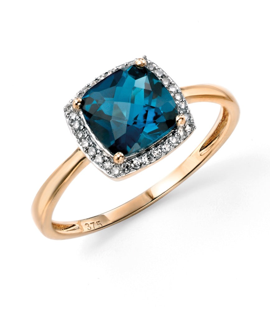 Checkerboard London Blue Topaz Ring with Diamond Surround