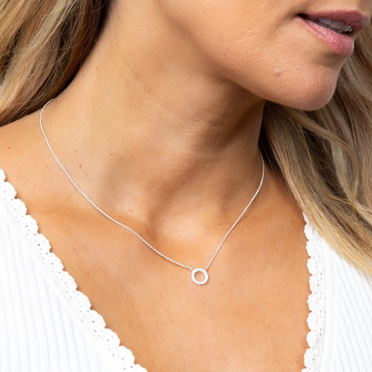 Pave Open Circle Necklace with Cubic Zirconia 42+5cm